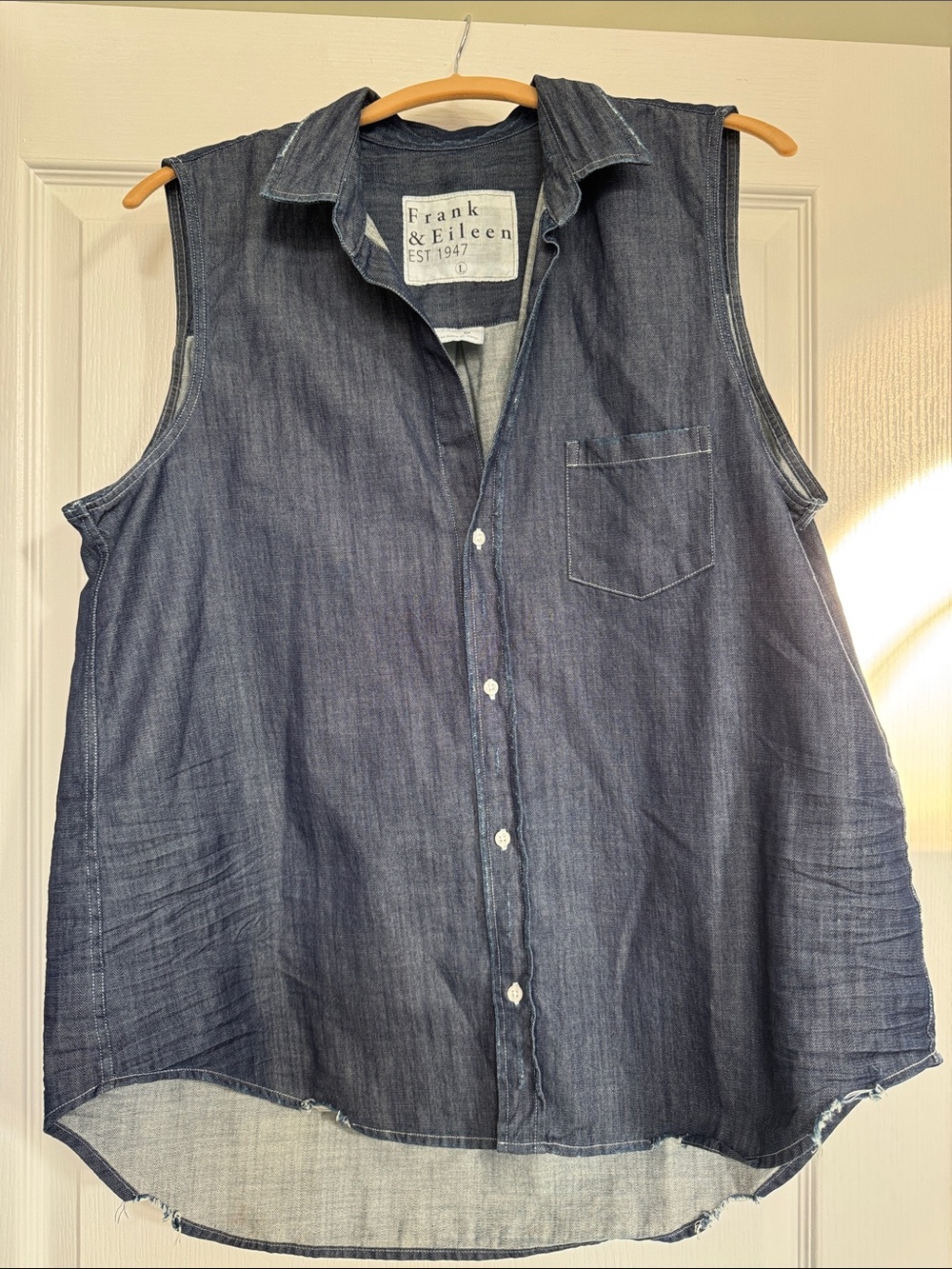 Frank & Eileen Fiona Sleeveless Denim Button-Down Shirt in Indigo